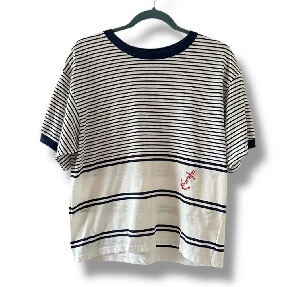 Vintage 80s Bobbie Brooks Blue White Striped Nautical T-Shirt Women’s Size Large